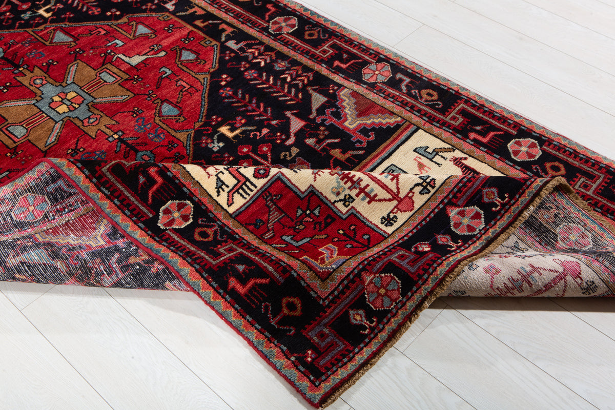 Vintage Deep Navy Blue & Red Geometric Medallion Wool Rug – 9' 11" x 4' 8" (302 x 142 cm)