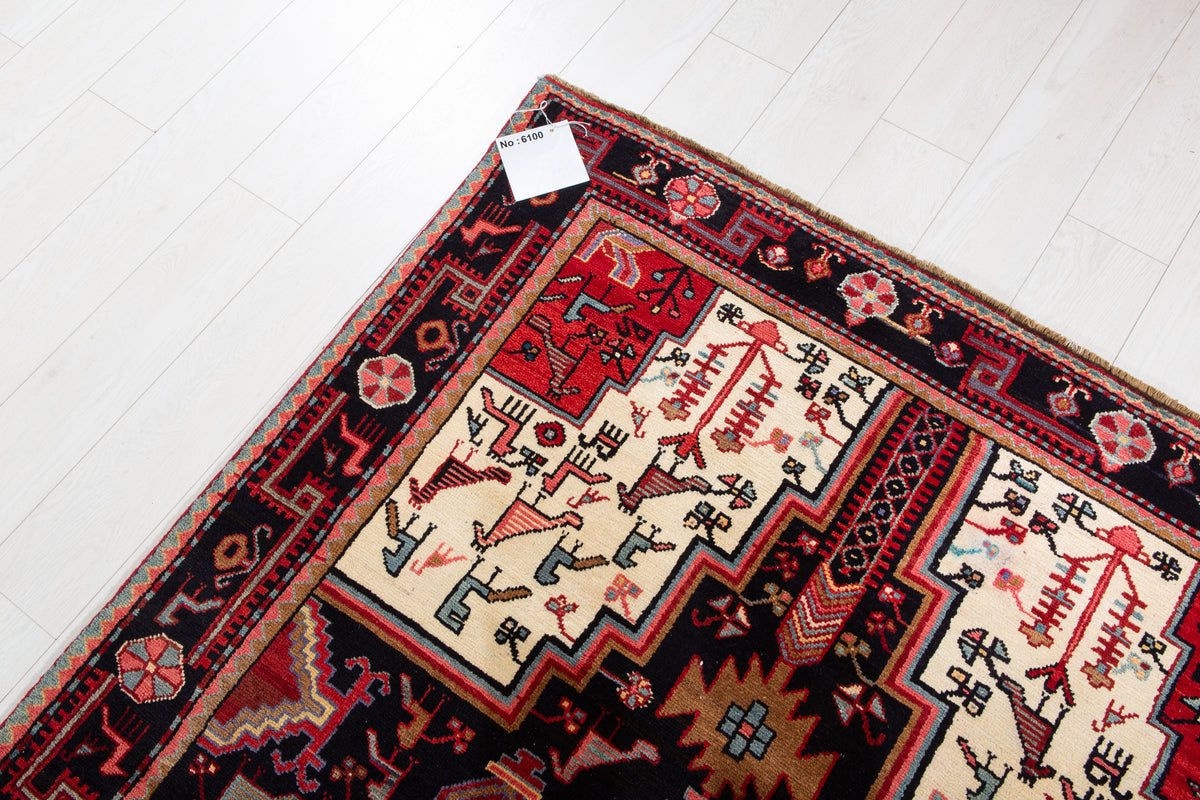 Vintage Deep Navy Blue & Red Geometric Medallion Wool Rug – 9' 11" x 4' 8" (302 x 142 cm)