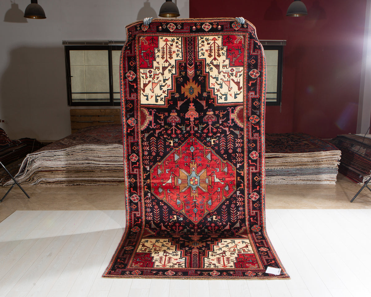 Vintage Deep Navy Blue & Red Geometric Medallion Wool Rug – 9' 11" x 4' 8" (302 x 142 cm)