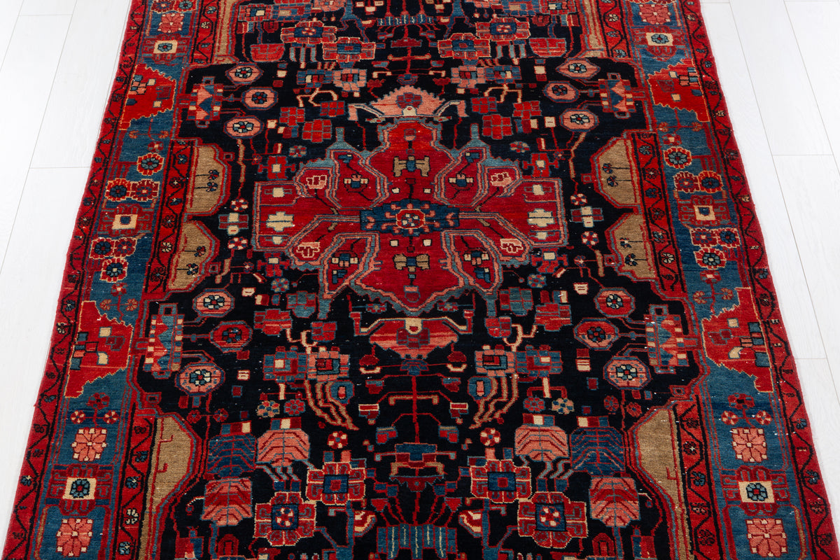 Antique Deep Navy Blue & Red Geometric Medallion Wool Rug – 8' 5" x 5' 0" (257 x 153 cm)