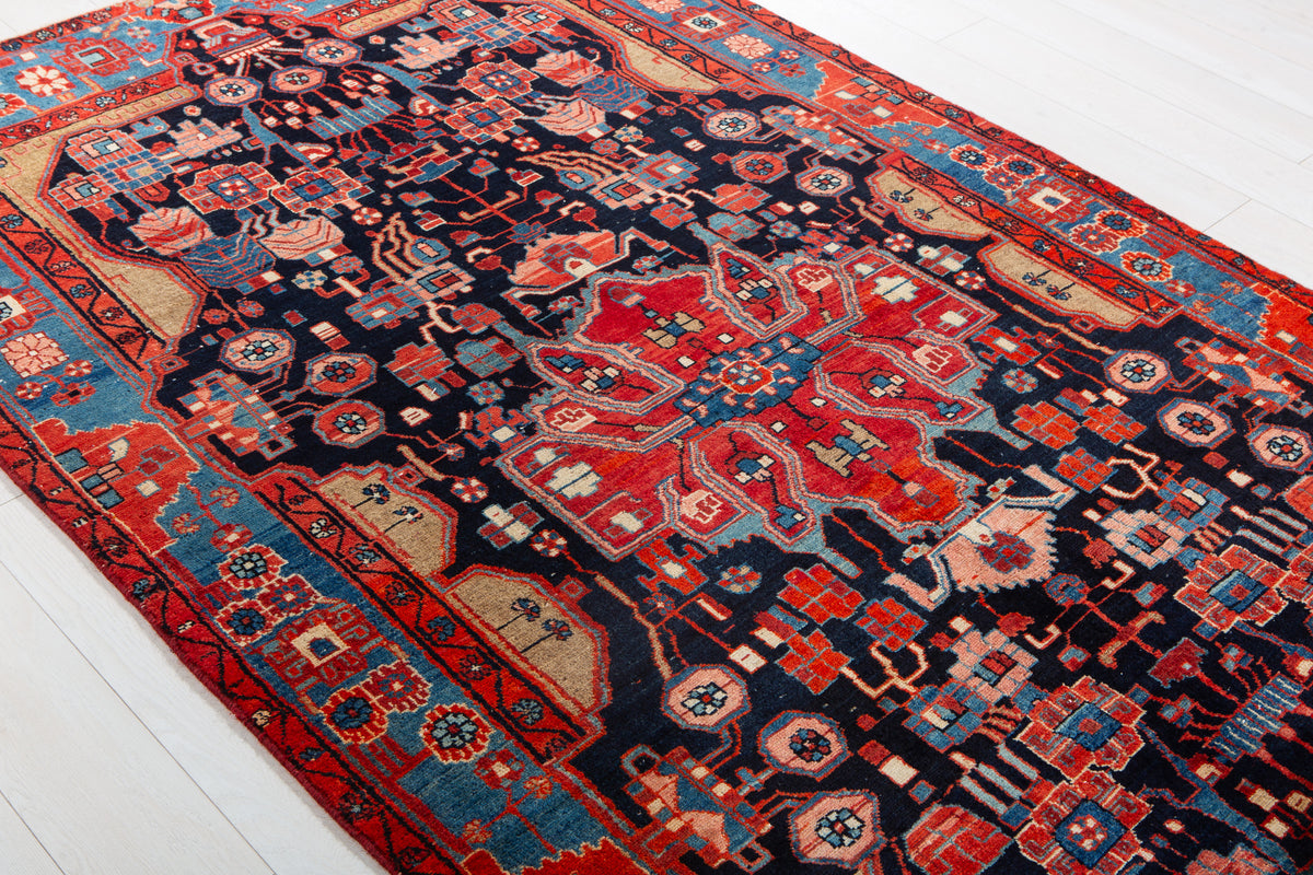 Antique Deep Navy Blue & Red Geometric Medallion Wool Rug – 8' 5" x 5' 0" (257 x 153 cm)