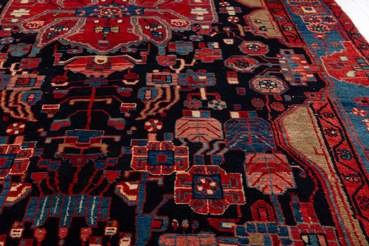 Antique Deep Navy Blue & Red Geometric Medallion Wool Rug – 8' 5" x 5' 0" (257 x 153 cm)