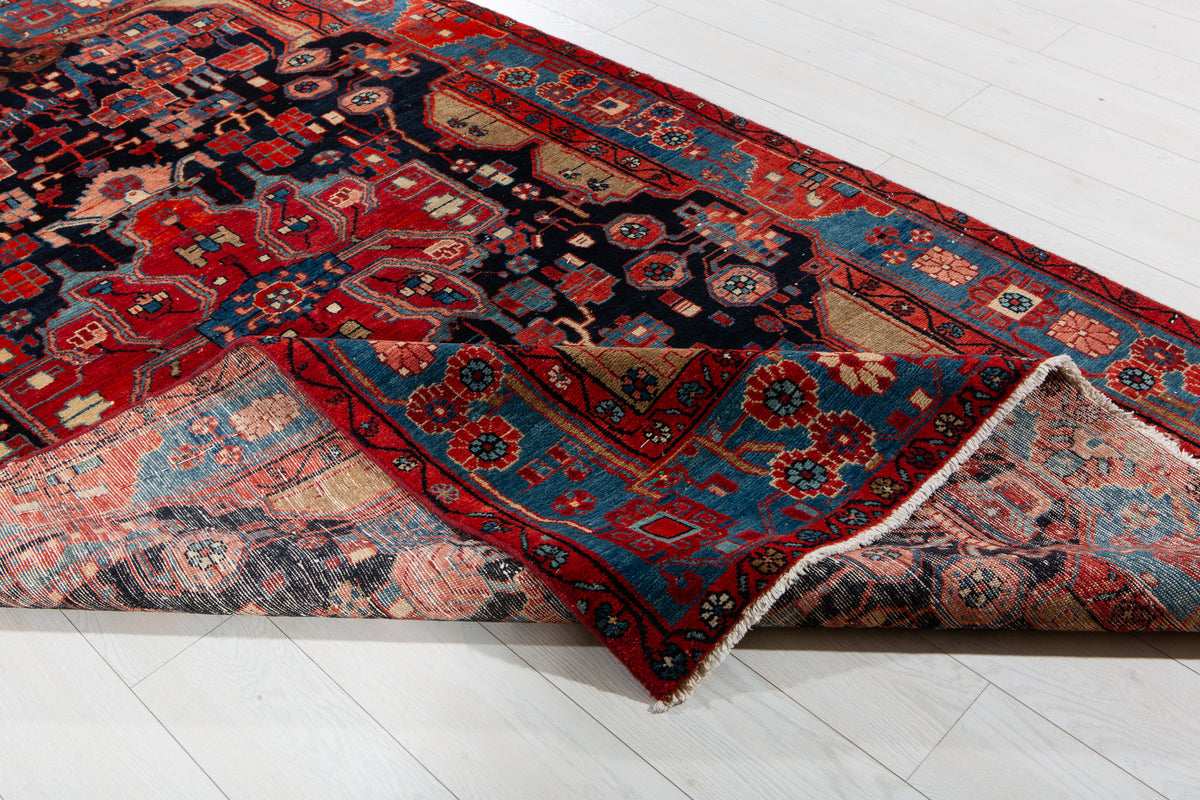 Antique Deep Navy Blue & Red Geometric Medallion Wool Rug – 8' 5" x 5' 0" (257 x 153 cm)