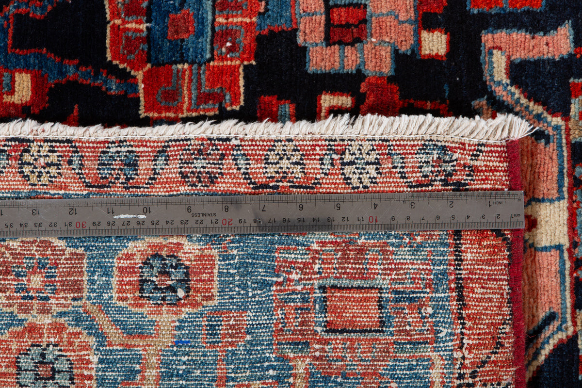Antique Deep Navy Blue & Red Geometric Medallion Wool Rug – 8' 5" x 5' 0" (257 x 153 cm)