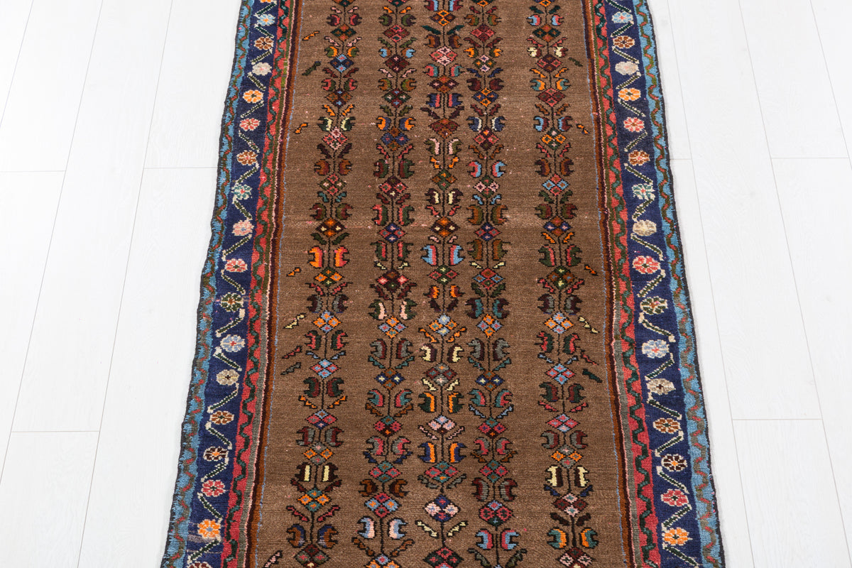 Vintage Geometric Runner Rug, Brown & Blue – 9' 5" x 2' 9" (288 x 83 cm)