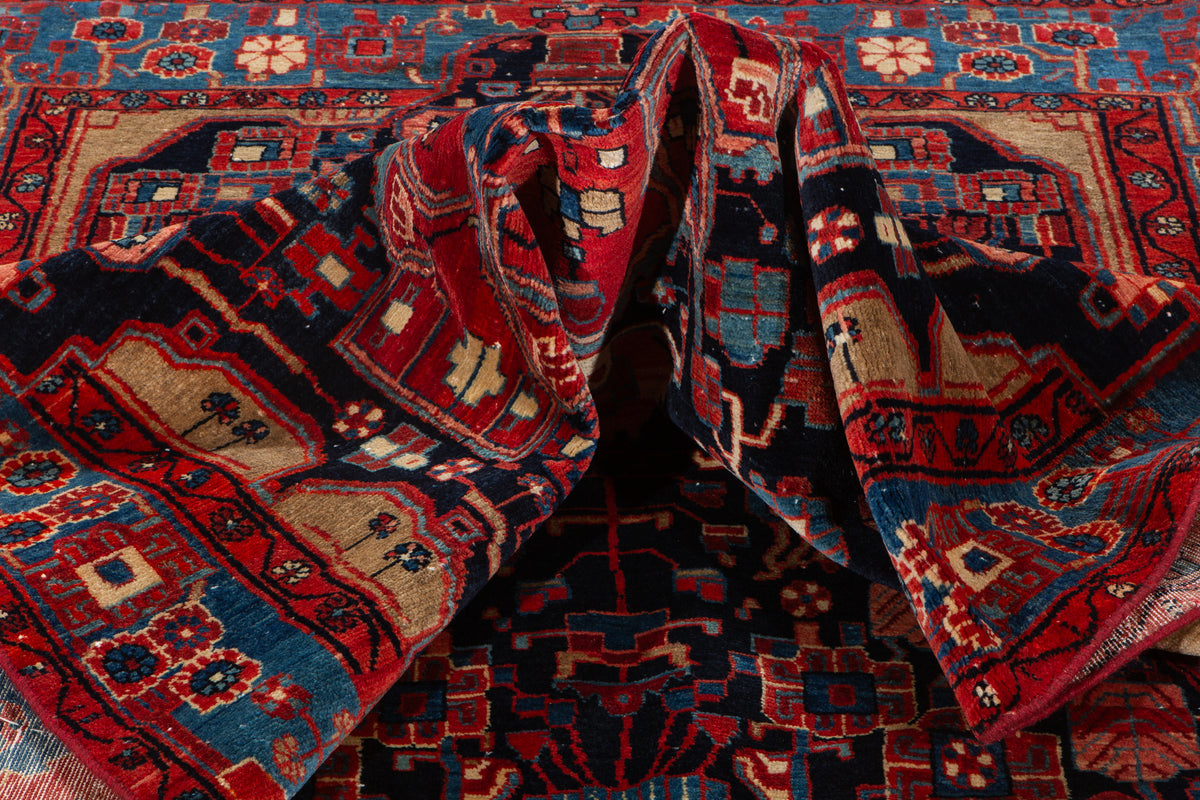 Antique Deep Navy Blue & Red Geometric Medallion Wool Rug – 8' 5" x 5' 0" (257 x 153 cm)