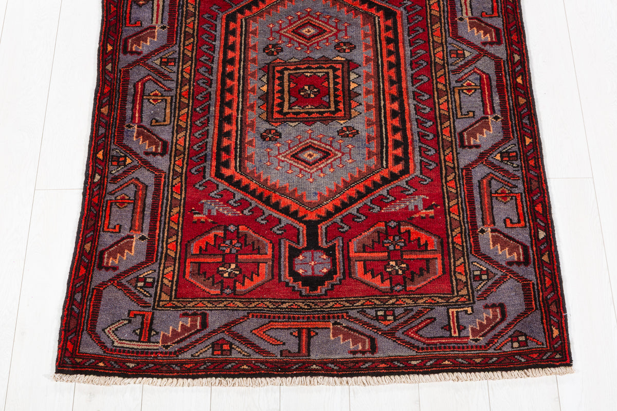 Vintage Geometric Medallion Runner Rug, Red & Blue – 10' 5" x 3' 6" (318 x 107 cm)