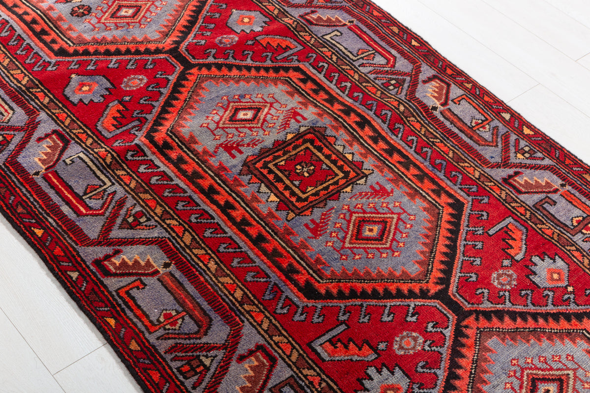 Vintage Geometric Medallion Runner Rug, Red & Blue – 10' 5" x 3' 6" (318 x 107 cm)