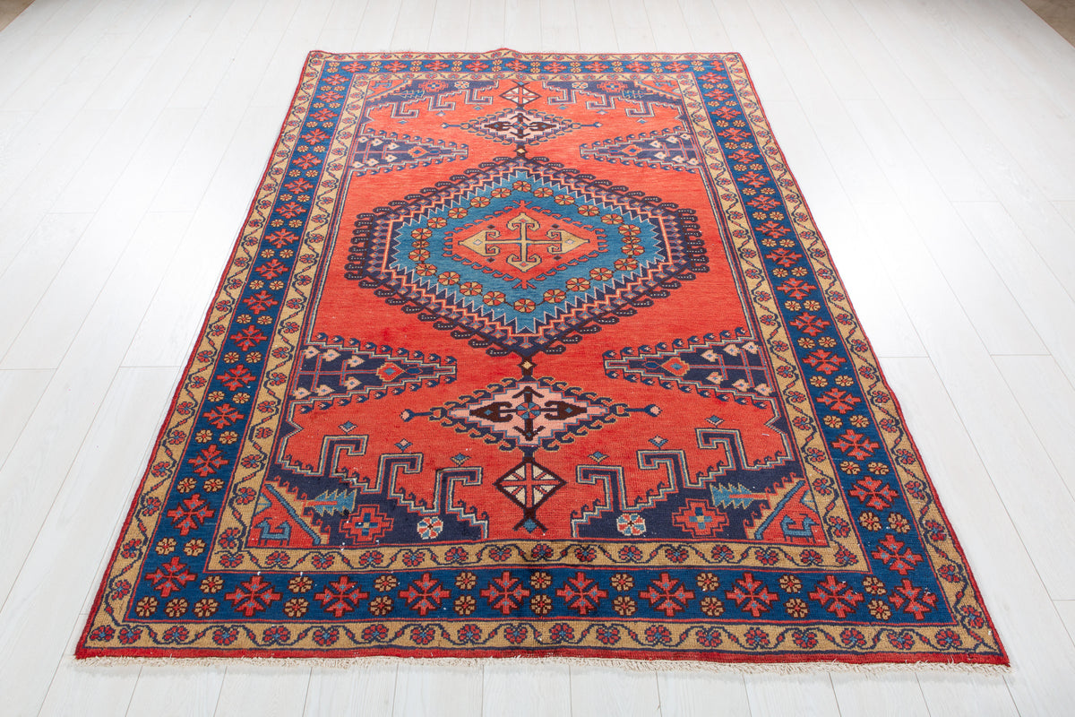 Vintage Orange Red & Blue Geometric Medallion Wool Rug – 7' 5" x 5' 3" (226 x 160 cm)