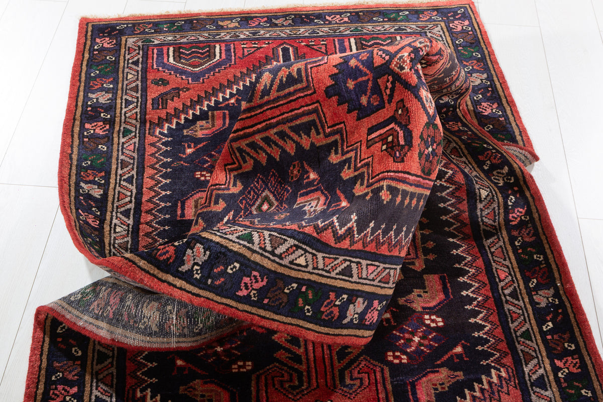 Vintage Geometric Medallion Runner Rug, Red & Navy Blue – 8' 11" x 3' 2" (272 x 97 cm)