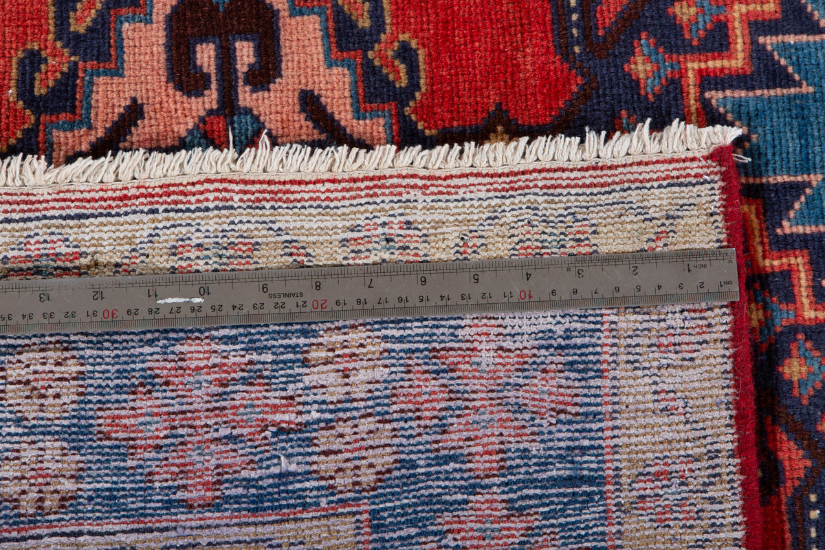 Vintage Orange Red & Blue Geometric Medallion Wool Rug – 7' 5" x 5' 3" (226 x 160 cm)