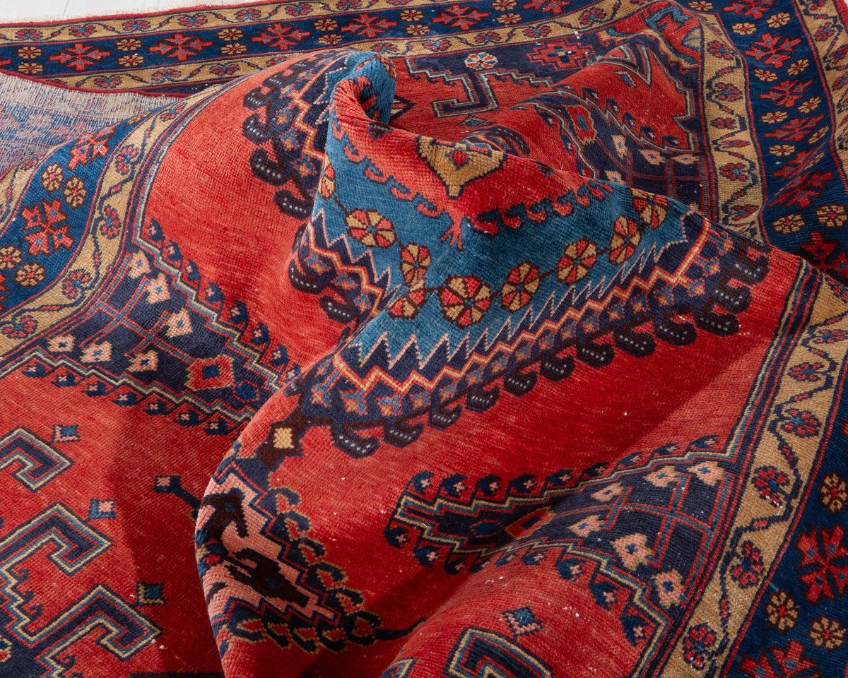 Vintage Orange Red & Blue Geometric Medallion Wool Rug – 7' 5" x 5' 3" (226 x 160 cm)