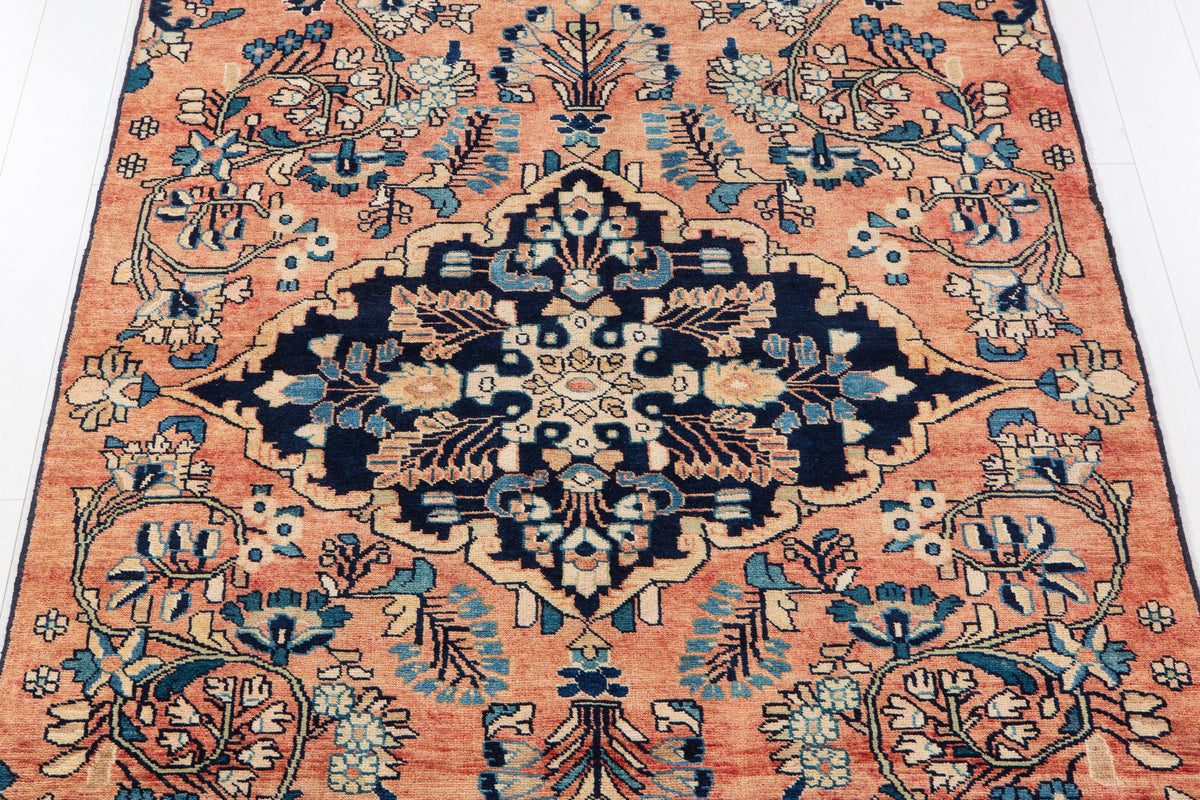Rare Collectible Antique Copper & Navy Blue Floral Medallion Wool Rug – 8' 4" x 4' 11" (255 x 151 cm)