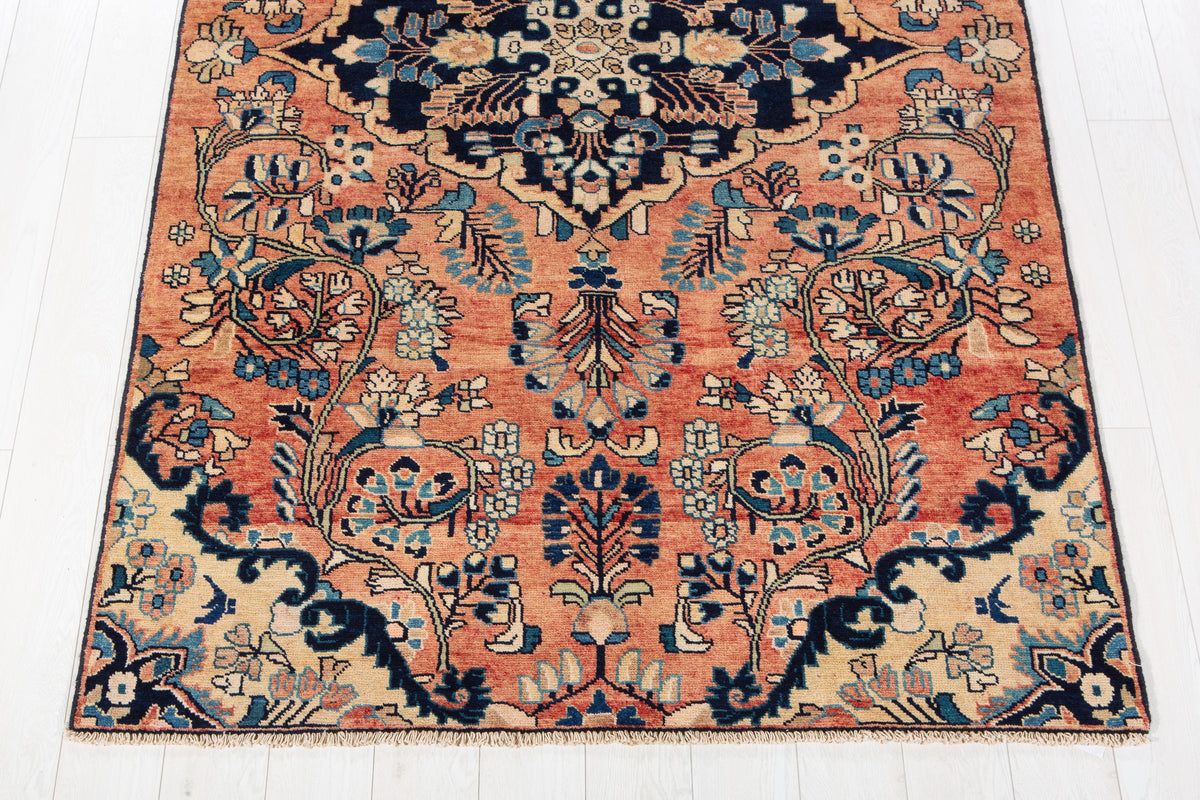 Rare Collectible Antique Copper & Navy Blue Floral Medallion Wool Rug – 8' 4" x 4' 11" (255 x 151 cm)