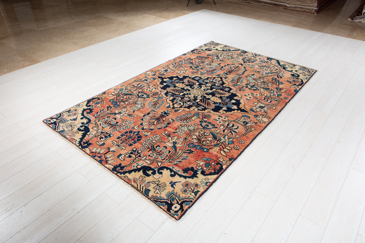 Rare Collectible Antique Copper & Navy Blue Floral Medallion Wool Rug – 8' 4" x 4' 11" (255 x 151 cm)