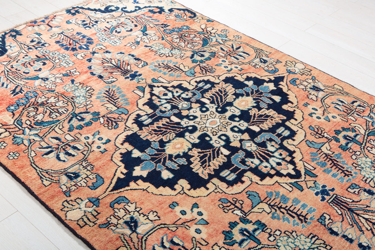 Rare Collectible Antique Copper & Navy Blue Floral Medallion Wool Rug – 8' 4" x 4' 11" (255 x 151 cm)