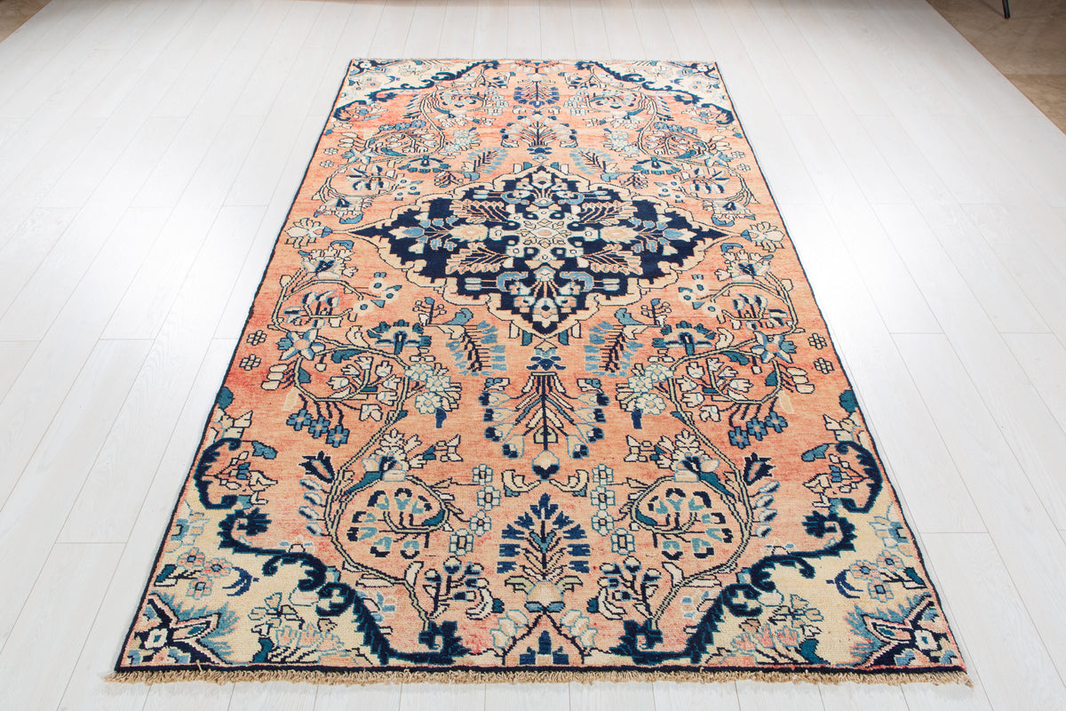 Rare Collectible Antique Copper & Navy Blue Floral Medallion Wool Rug – 8' 4" x 4' 11" (255 x 151 cm)
