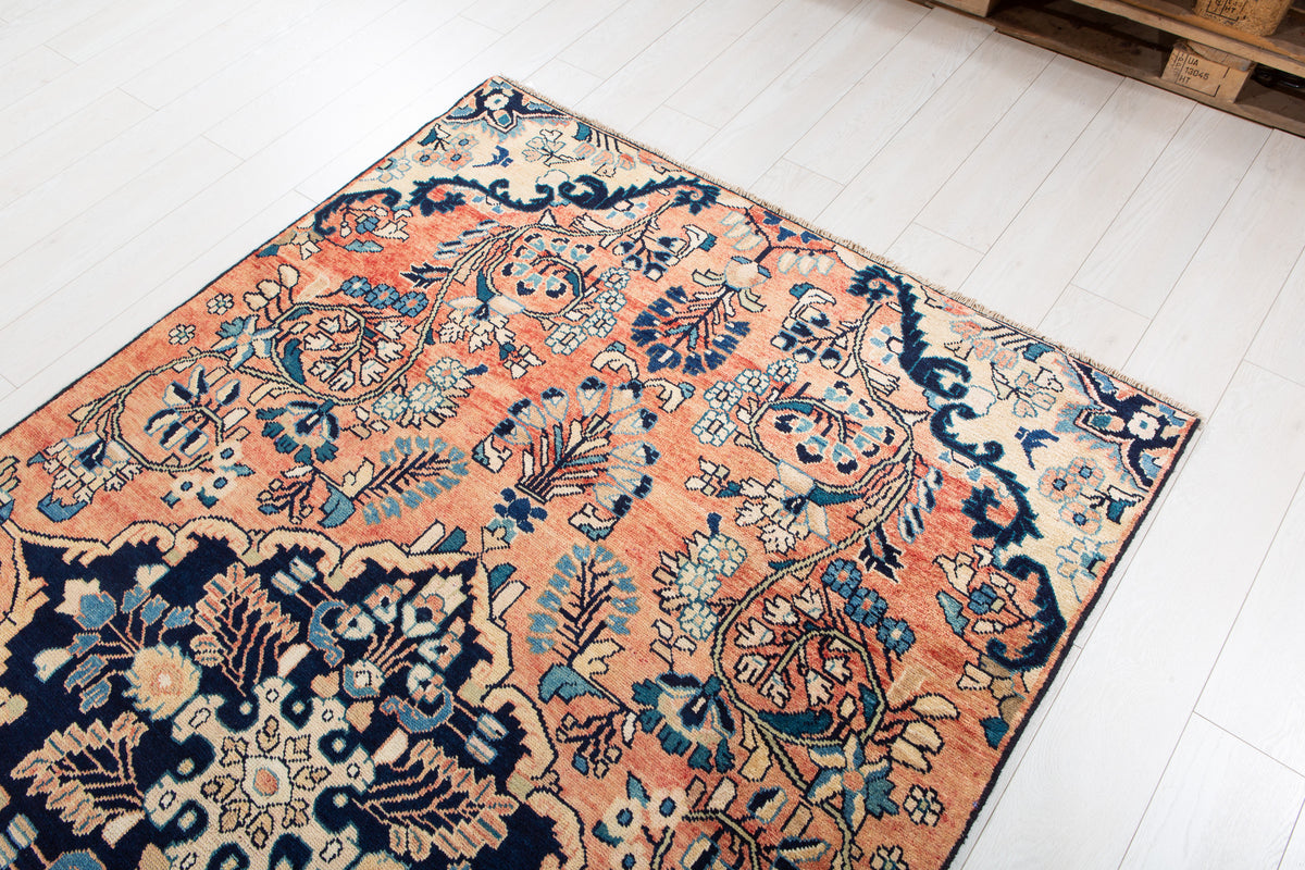 Rare Collectible Antique Copper & Navy Blue Floral Medallion Wool Rug – 8' 4" x 4' 11" (255 x 151 cm)