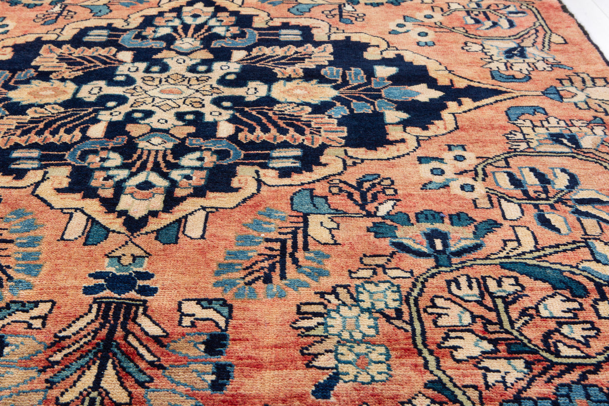 Rare Collectible Antique Copper & Navy Blue Floral Medallion Wool Rug – 8' 4" x 4' 11" (255 x 151 cm)