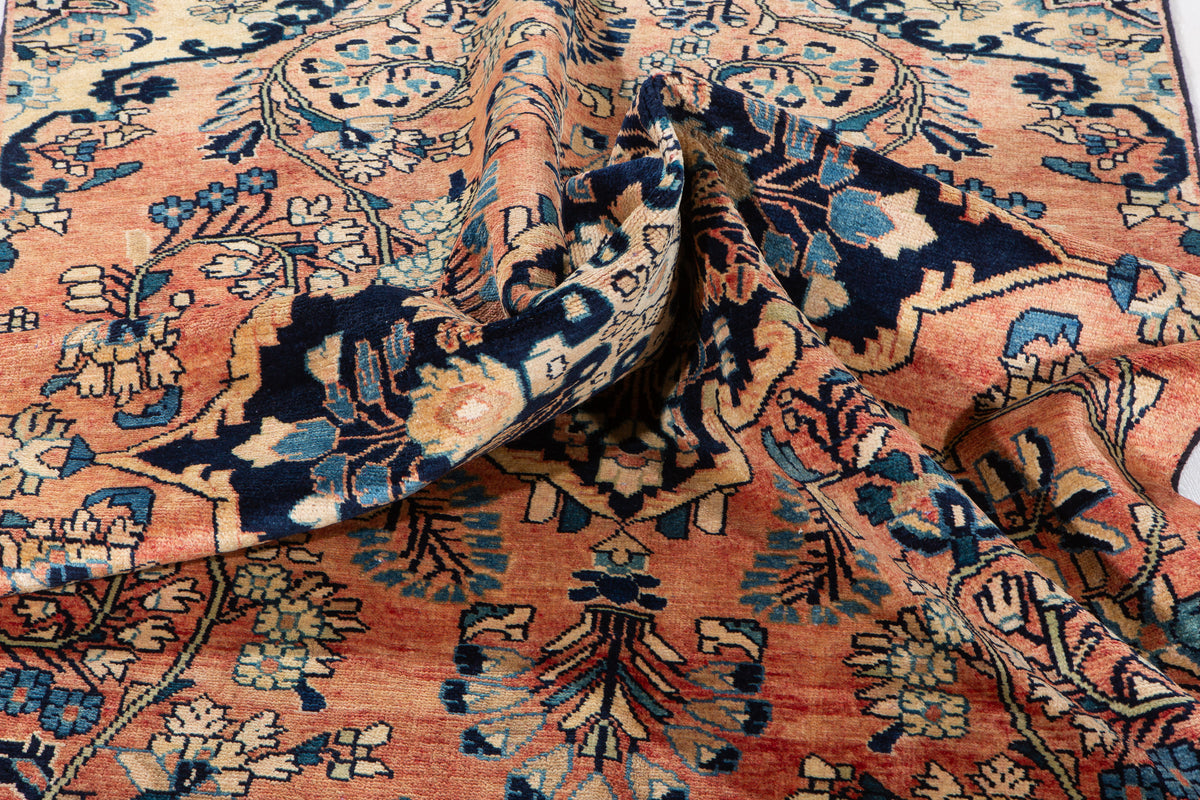 Rare Collectible Antique Copper & Navy Blue Floral Medallion Wool Rug – 8' 4" x 4' 11" (255 x 151 cm)