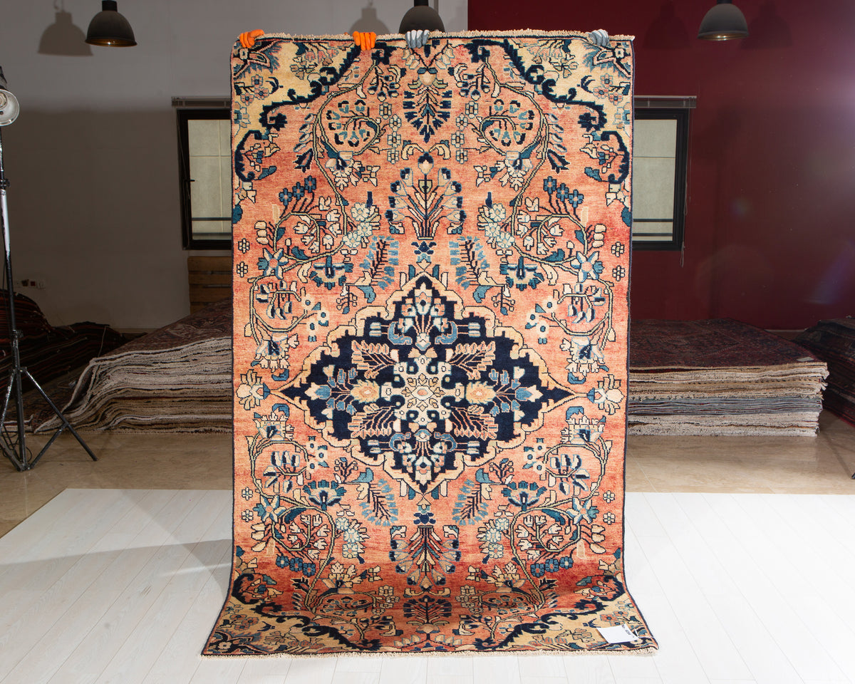 Rare Collectible Antique Copper & Navy Blue Floral Medallion Wool Rug – 8' 4" x 4' 11" (255 x 151 cm)
