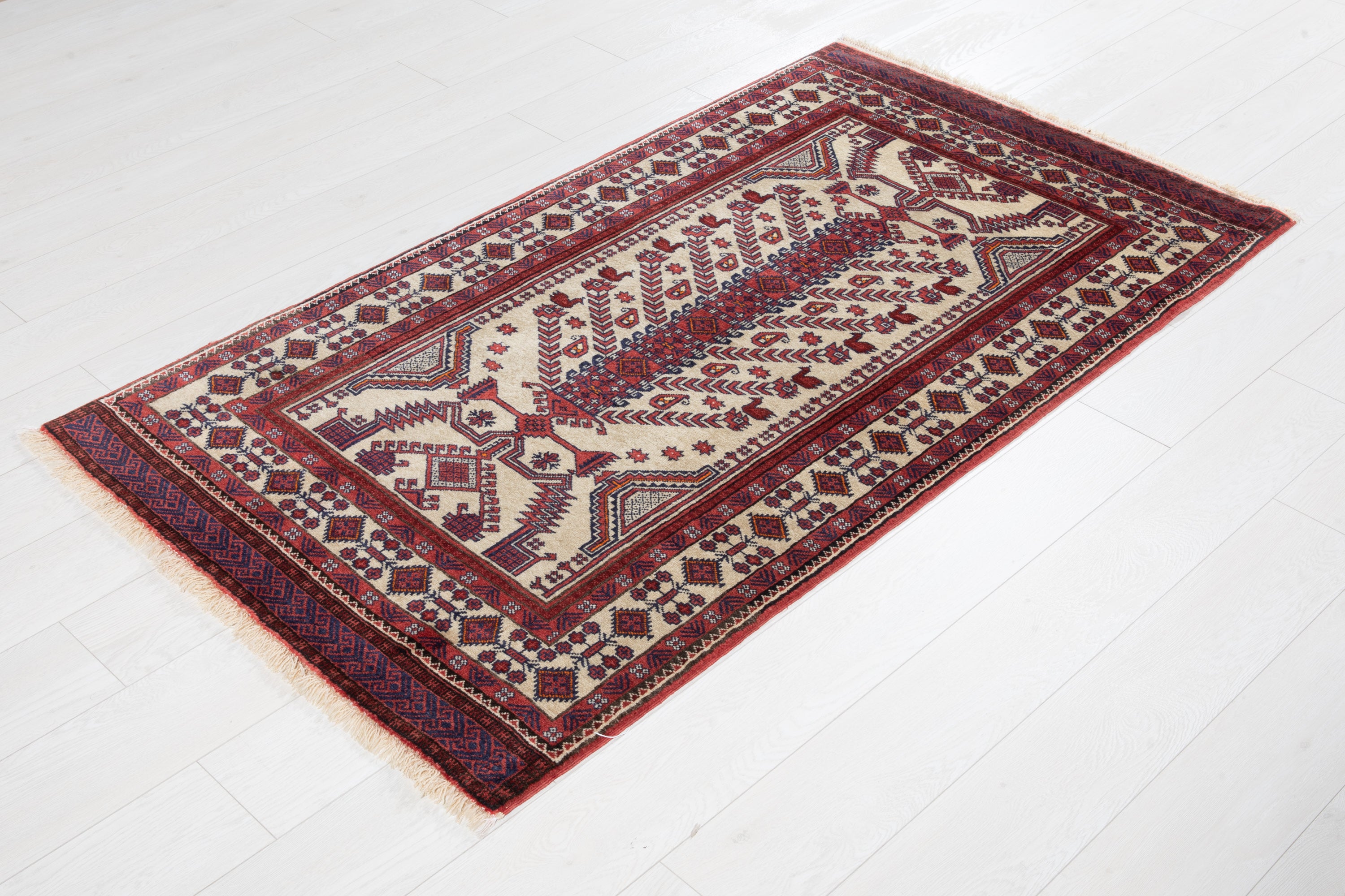 Collectible Fine Vintage Baluch Tree of Life Wool Rug, Beige, 3x6 – 5' 6" x 3' 0" (168 x 92 cm)