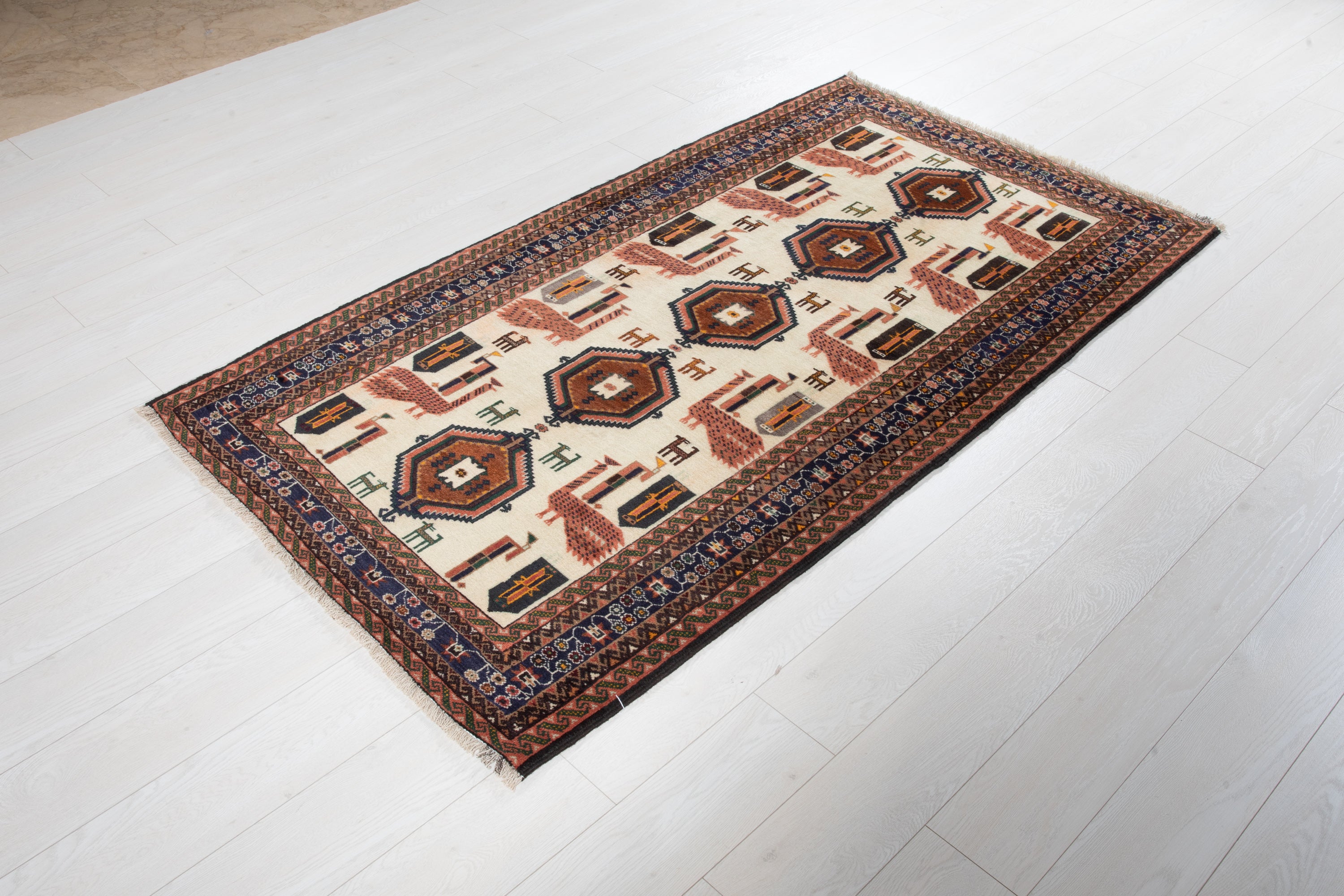 Collectible Fine Vintage Baluch Peacock Wool Rug, Beige, 4x6 – 6' 4" x 3' 6" (194 x 107 cm)