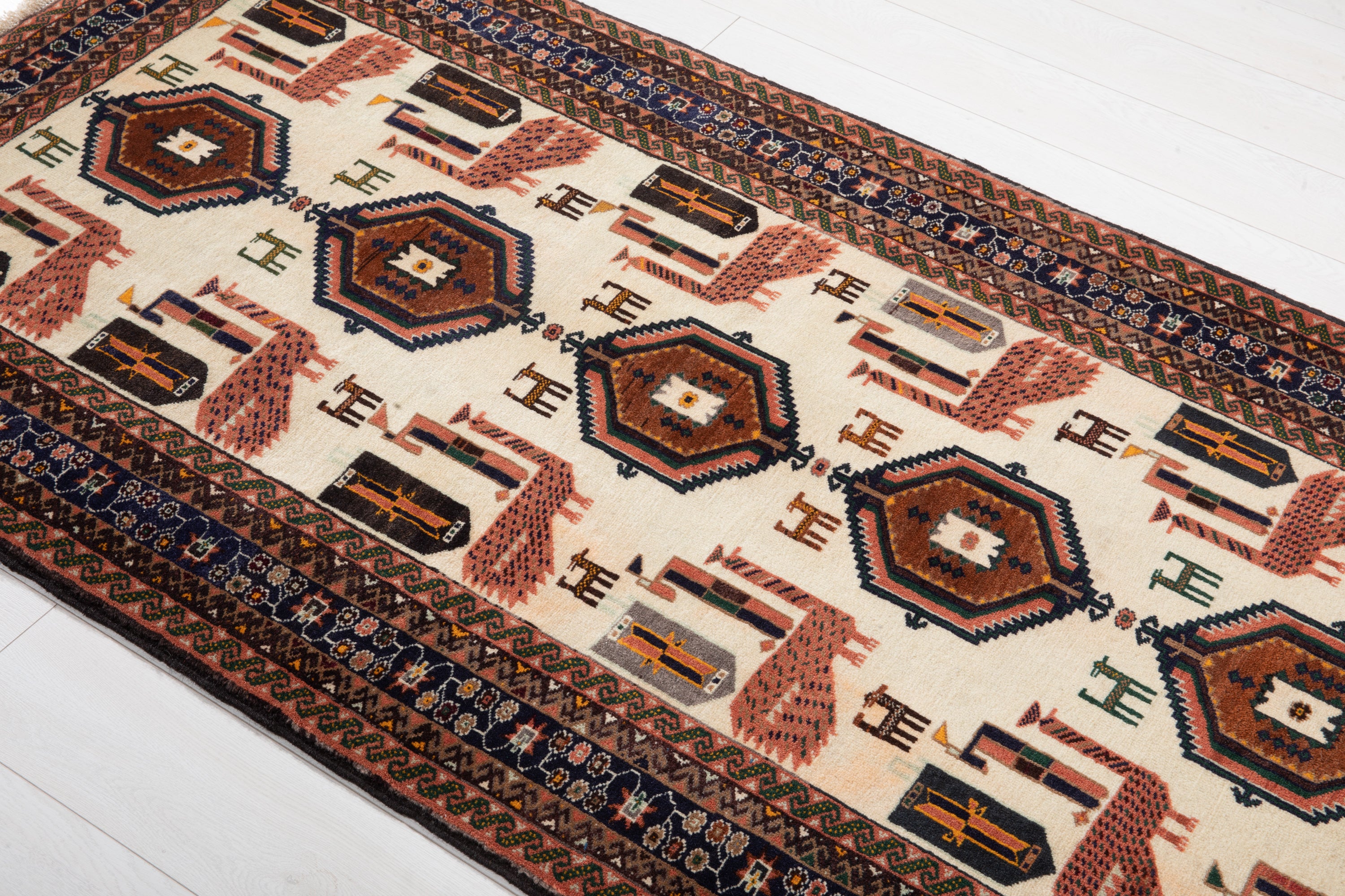 Collectible Fine Vintage Baluch Peacock Wool Rug, Beige, 4x6 – 6' 4" x 3' 6" (194 x 107 cm)