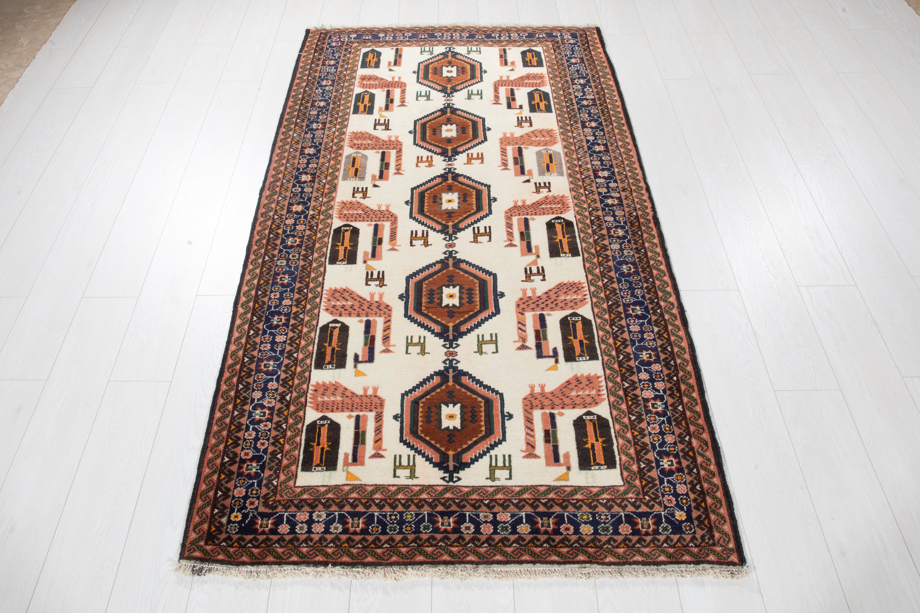 Collectible Fine Vintage Baluch Peacock Wool Rug, Beige, 4x6 – 6' 4" x 3' 6" (194 x 107 cm)