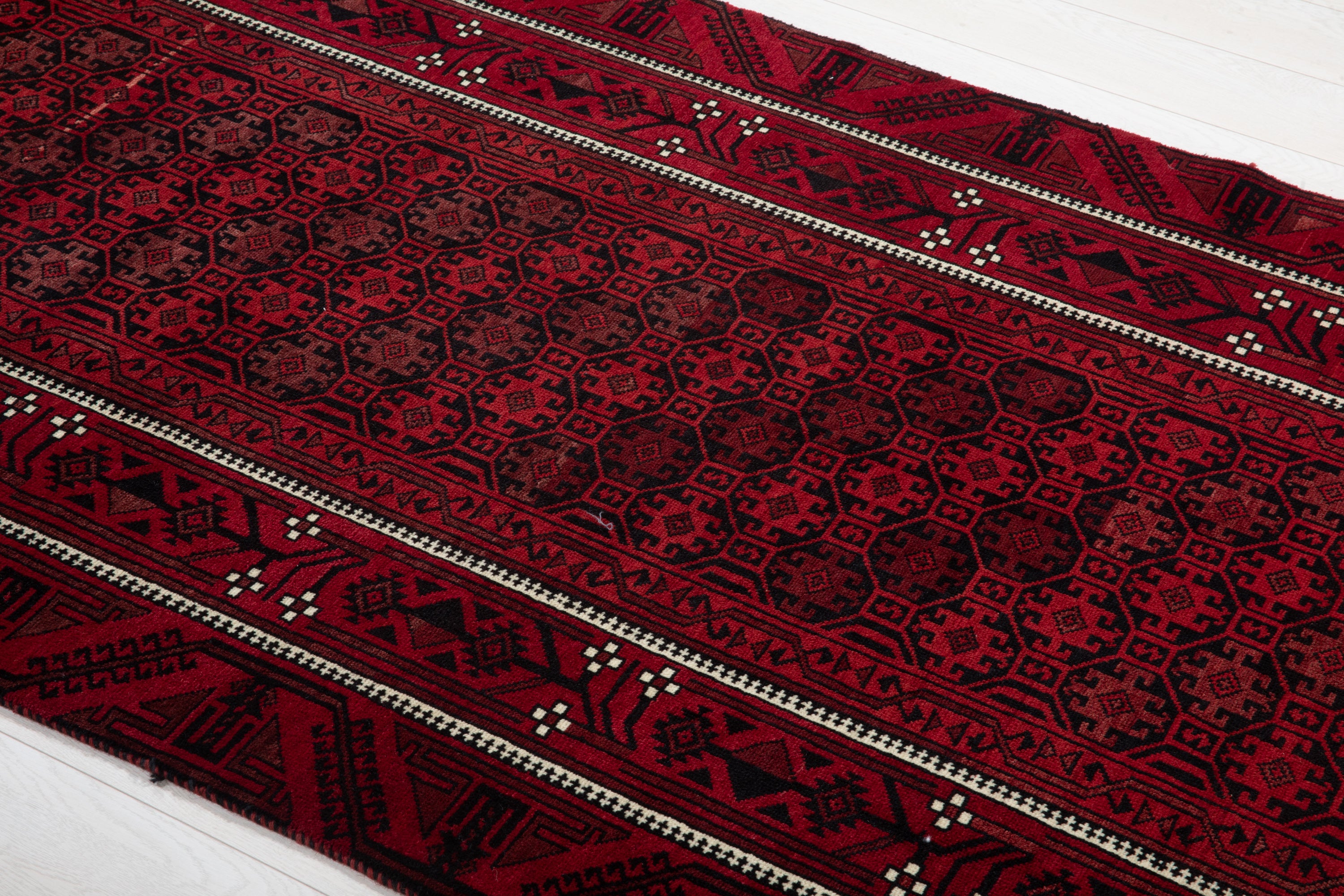 Fine Vintage Baluch Allover Wool Rug, Deep Red, 4x8 – 7' 8" x 3' 11" (235 x 120 cm)