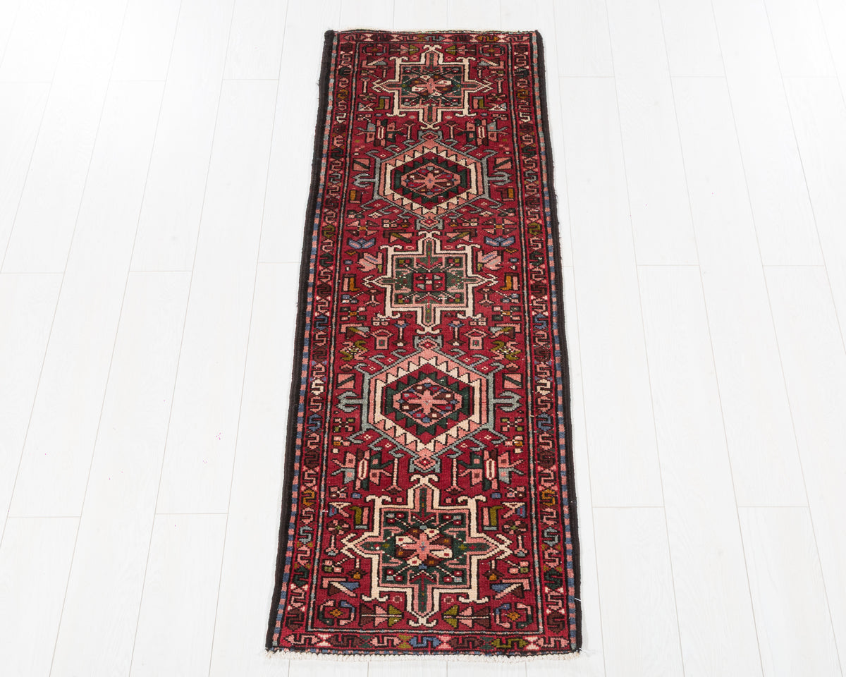Vintage Heriz Gharajeh geometric runner rug in red, deep green and ivory, SKU 5389
