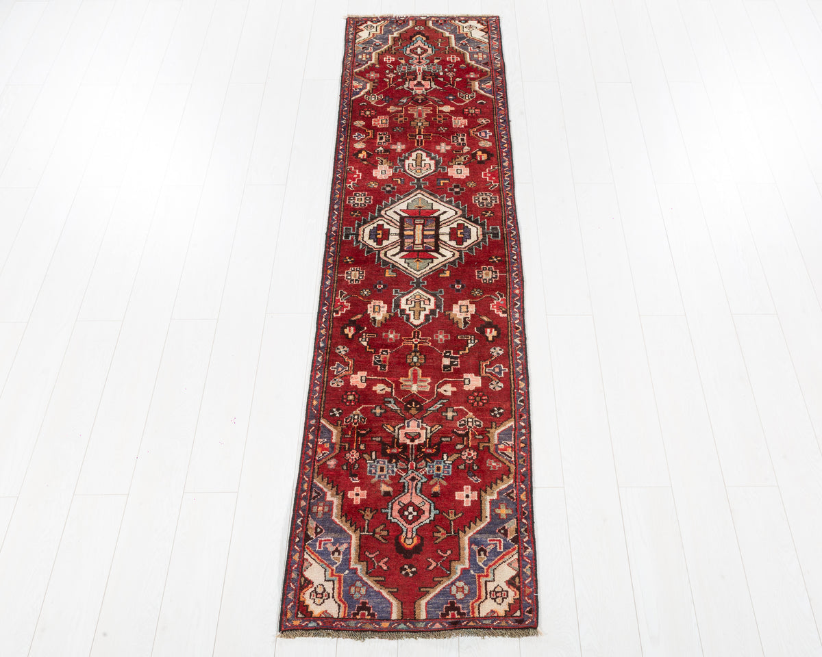 Vintage Hamadan Red Angular Tribal Medallions Runner Rug in red, ivory, muted blue, SKU 5392
