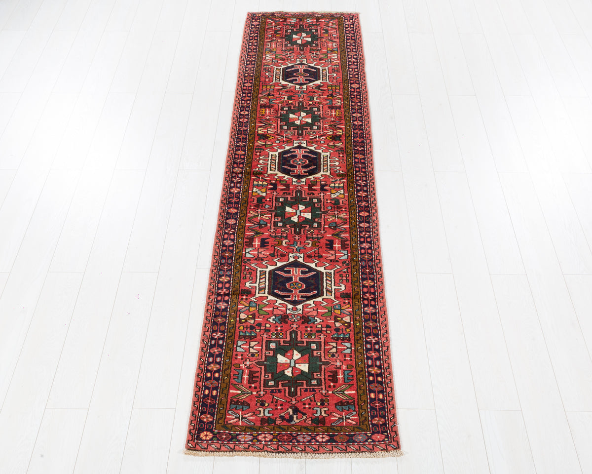 Vintage Heriz Gharajeh Red Softly Faded Central Medallion Runner Rug in red, deep green, ivory, SKU 5396