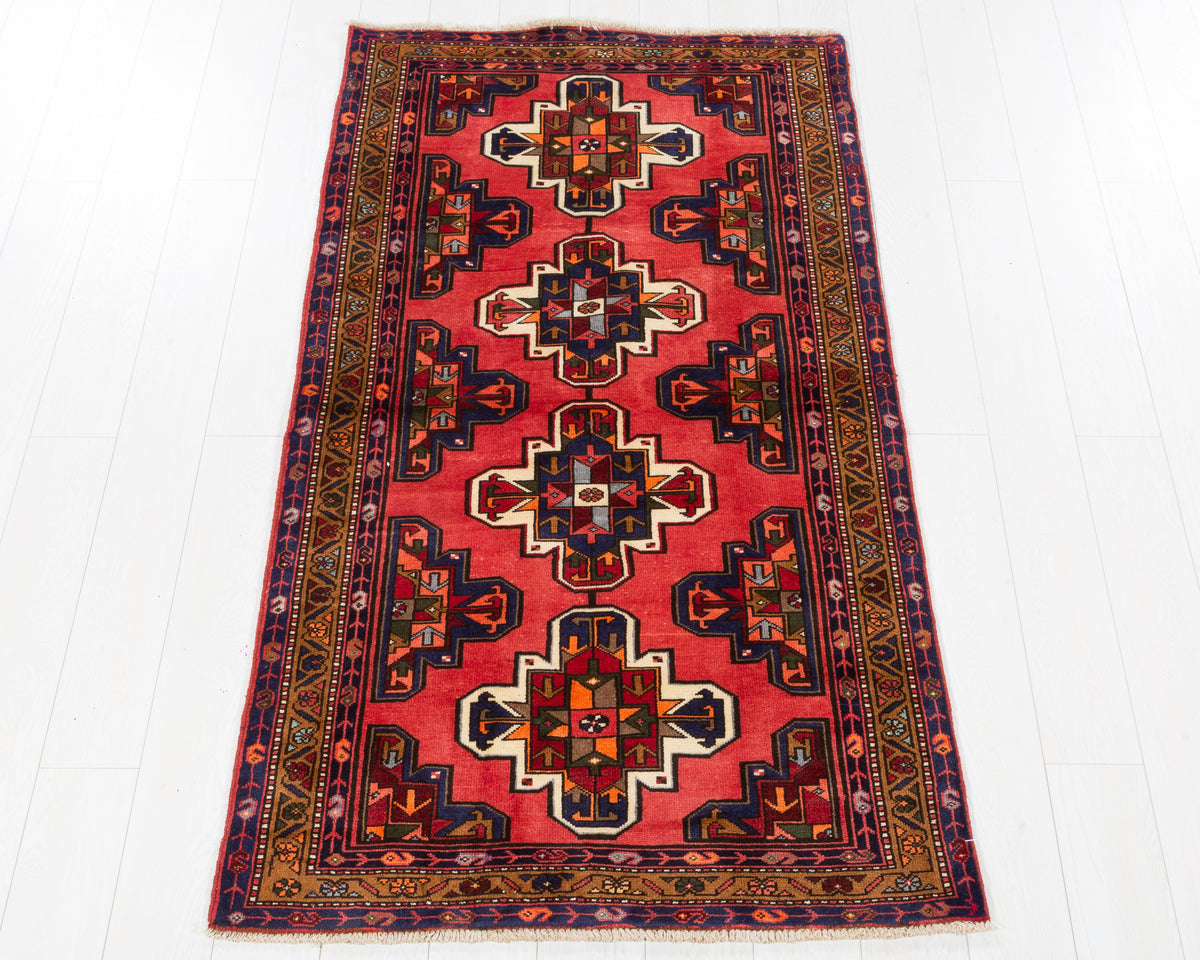 Vintage Zanjan Red Soft Brown Geometric Field Area Rug in red, deep navy, ivory, SKU 5411