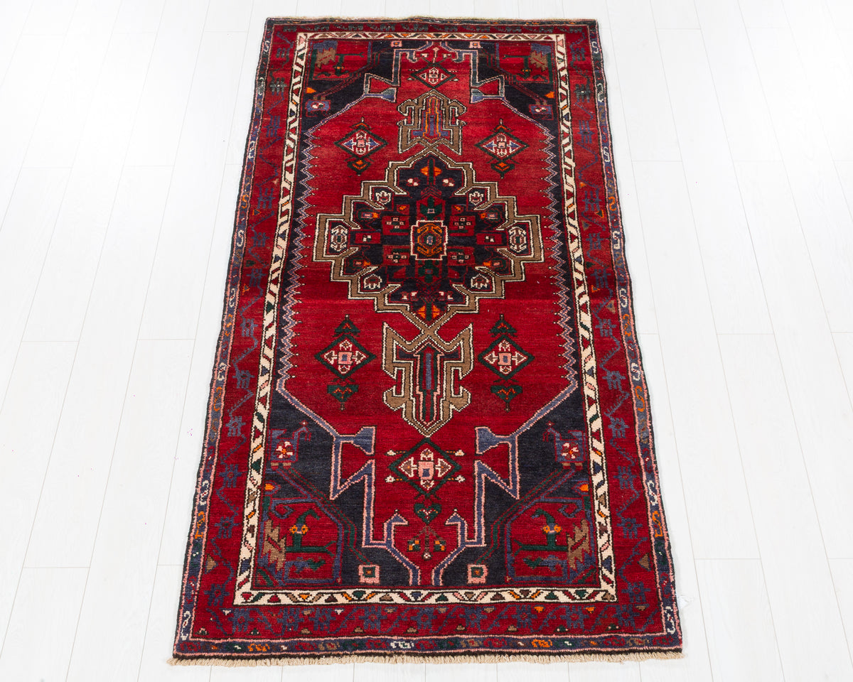 Vintage Zanjan Red Classic Hexagonal Medallion Area Rug in red, slate blue, deep navy, SKU 5417