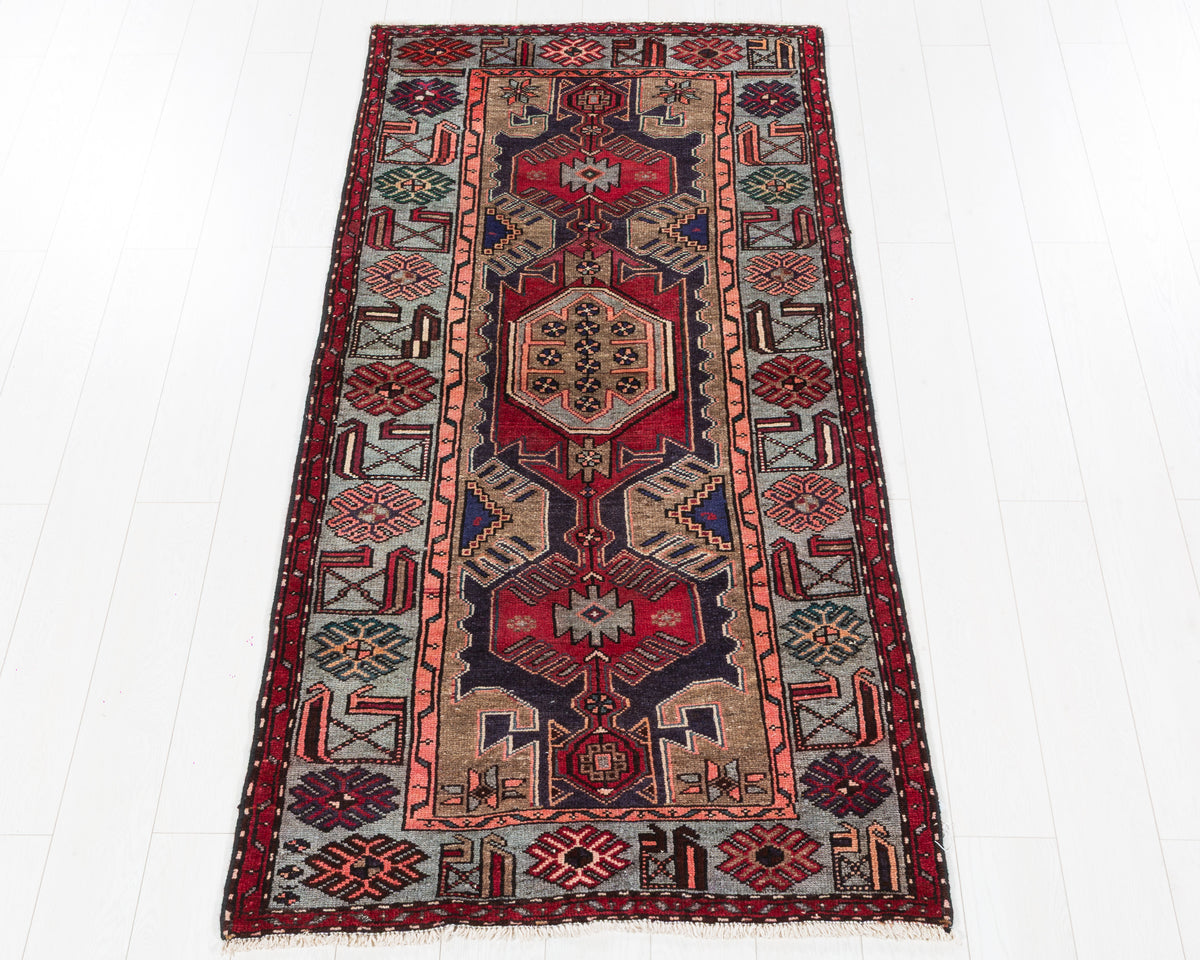 Vintage Tarom Soft Blue Bold Red Medallion Area Rug in soft blue, red, beige, SKU 5421