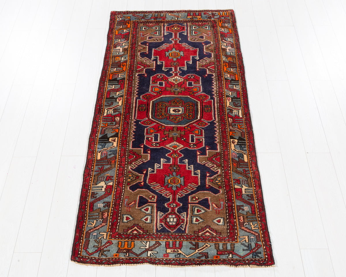 Vintage Tarom Red Navy-Centred Tribal Composition Area Rug in red, soft blue, beige, SKU 5423