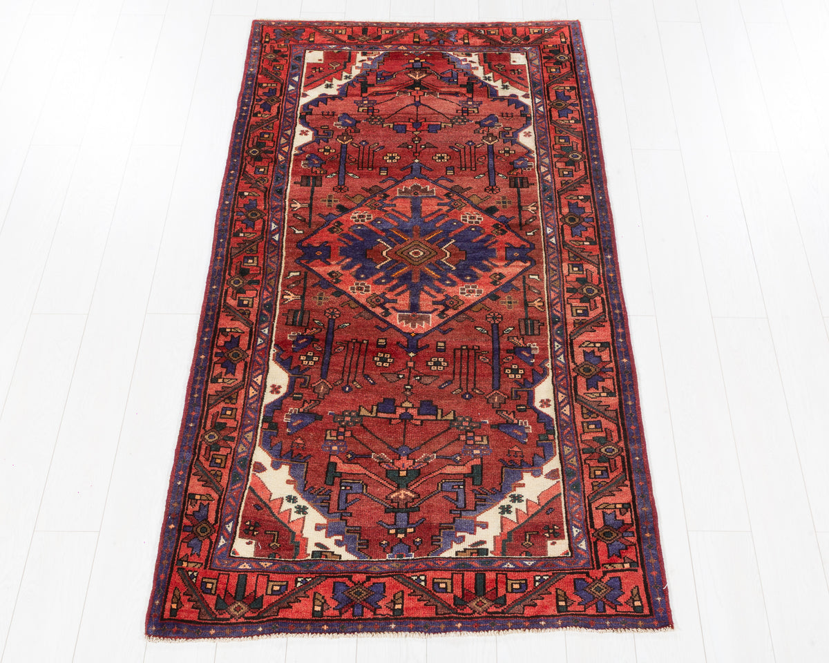 Vintage Zanjan Rust Fine Sarab Medallion Area Rug in rust, navy blue, beige, SKU 5425