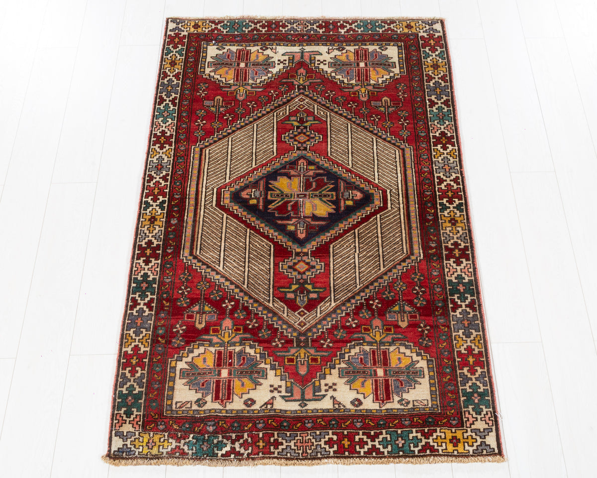 Vintage Sarab Red Deep Navy Geometric Centre Area Rug in red, ivory, green, SKU 5426