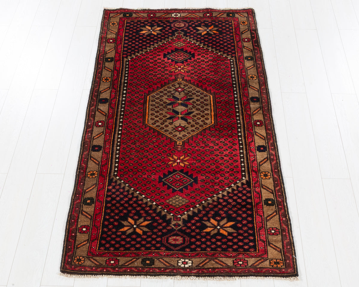 Vintage Zanjan red, deep navy blue and brown geometric area rug with soft wool pile, 3x6, SKU 5433