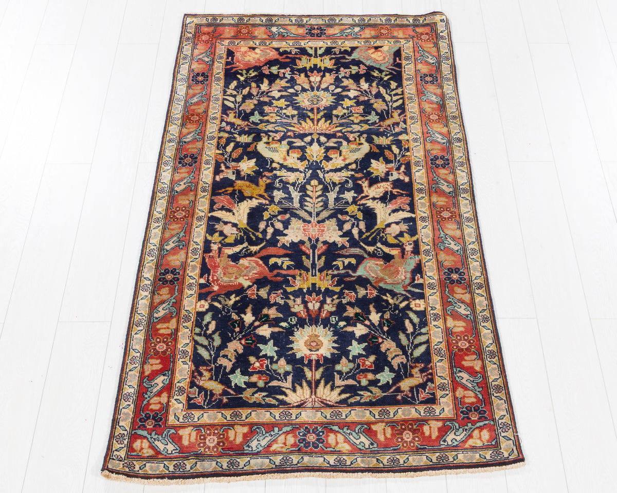 Antique Zanjan deep navy blue hunting design area rug with low worn wool pile, 3x6, SKU 5435