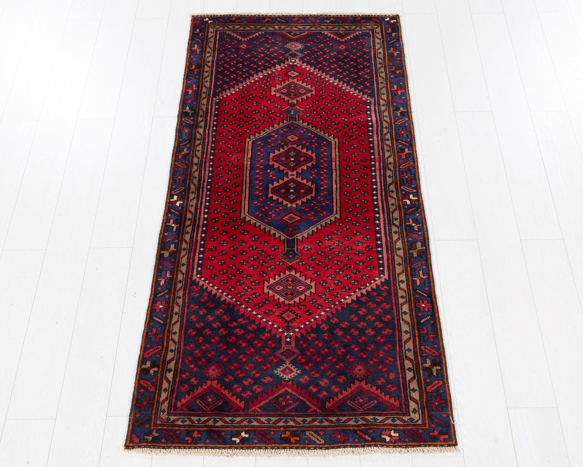 Vintage Zanjan red and navy blue hexagonal medallion area rug, 3x6, SKU 5438