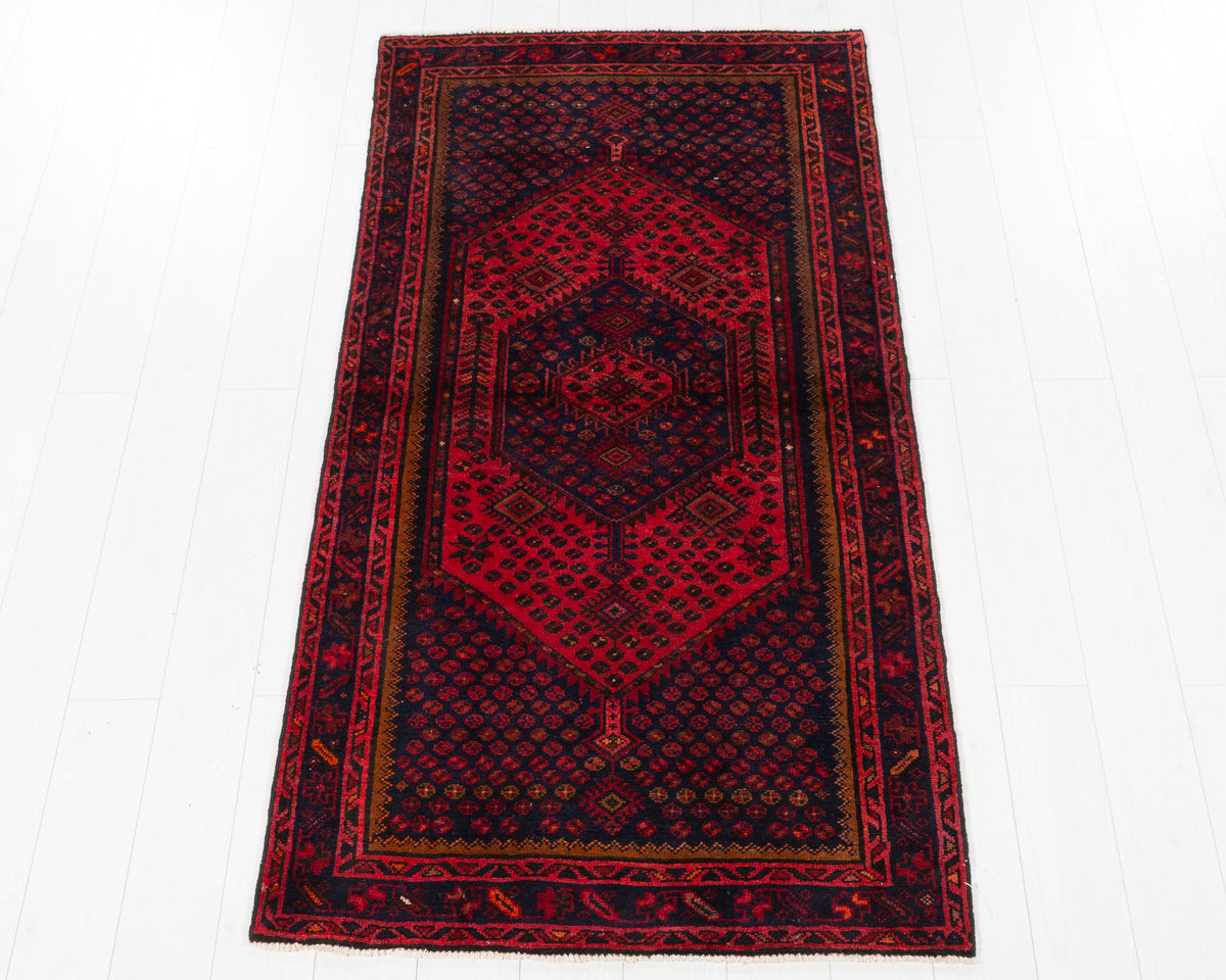 Vintage Zanjan Red and Navy Blue Diamond Medallion Area Rug, 3x6 – 6' 4" x 3' 4" (194 x 102 cm), SKU 5444