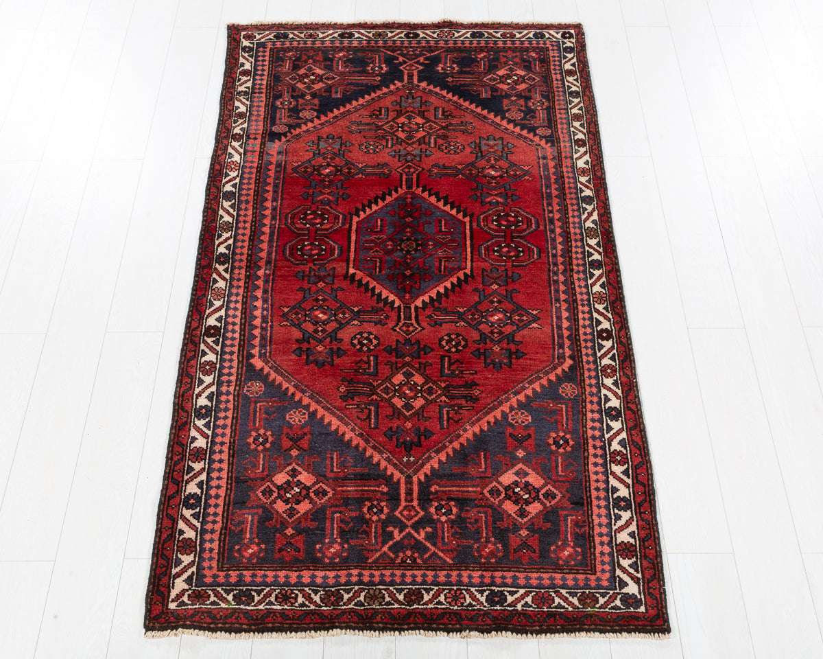 Vintage Zanjan Red and Navy Blue Double-Ended Geometric Medallion Area Rug, 4x6 – 6' 6" x 3' 8" (198 x 111 cm), SKU 5447