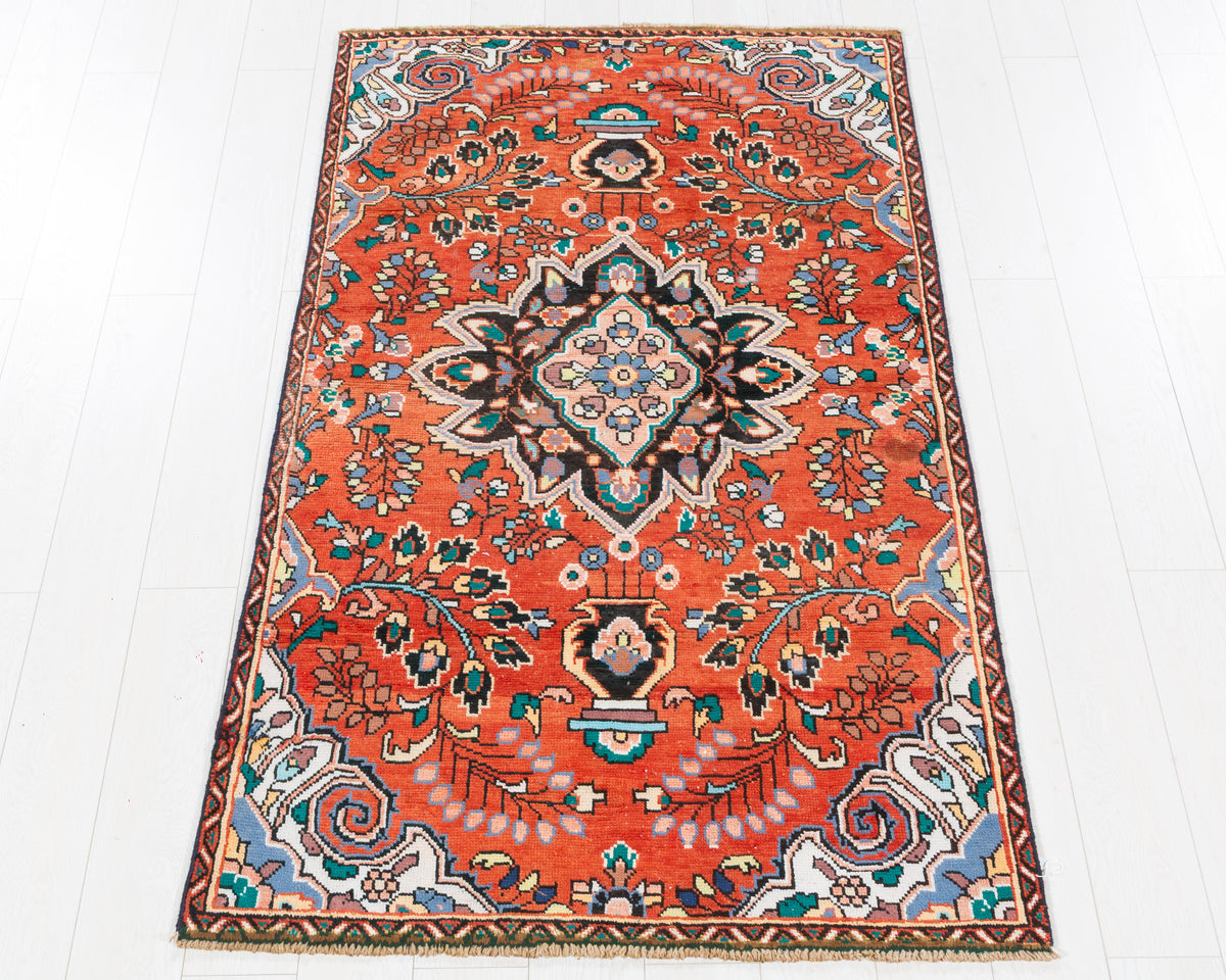 Vintage Hamadan Orange-Red Floral Central Medallion Area Rug, 4x6 – 6' 2" x 3' 7" (188 x 109 cm), SKU 5450