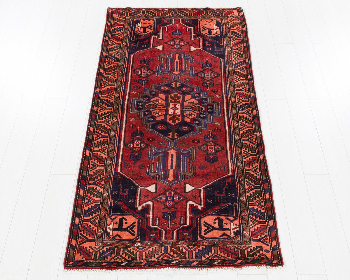 Vintage Zanjan Rust Red and Navy Blue Bold Geometric Medallion Area Rug, 4x7 – 7' 3" x 3' 7" (221 x 109 cm), SKU 5451