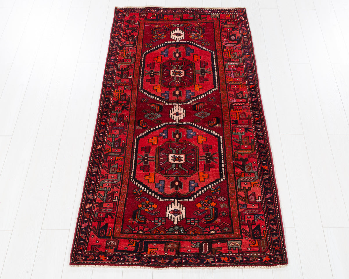 Vintage Zanjan Burgundy Double Medallion Area Rug, 3x7 – 6' 7" x 3' 5" (201 x 104 cm), SKU 5456