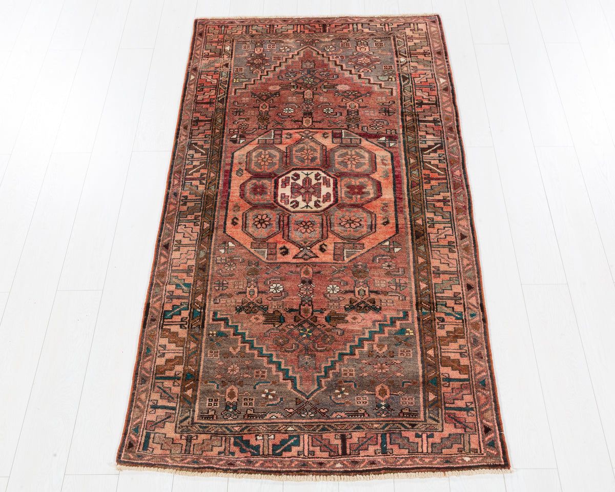 Vintage Zanjan Faded Rust Red Faded Allover Medallion Area Rug, 3x7 – 6' 7" x 3' 5" (201 x 105 cm), SKU 5458