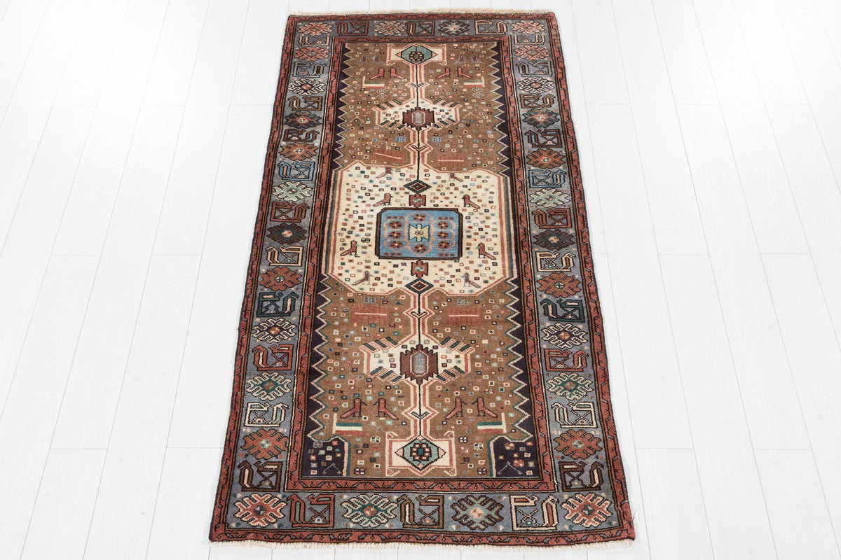 Vintage Tarom Brown and Blue Elongated Central Medallion Area Rug, 3x6 – 6' 3" x 3' 3" (191 x 98 cm), SKU 5462