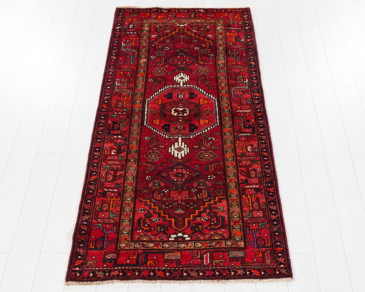 Vintage Zanjan Red Geometric Medallion Area Rug, 3x7 – 6' 9" x 3' 4" (207 x 102 cm), SKU 5463